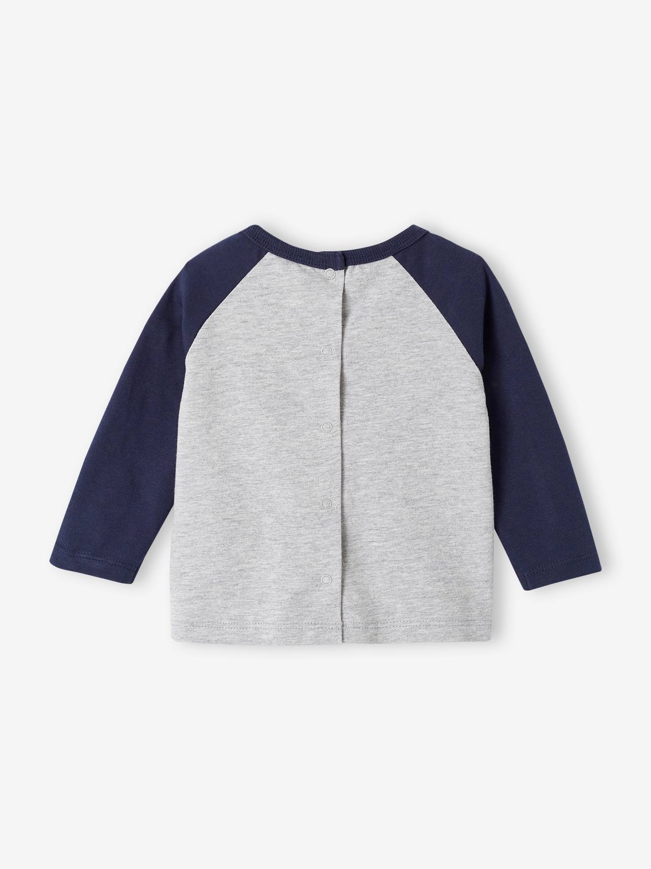 Camiseta infantil de manga raglan com blocos de cores, cinza mescla claro.