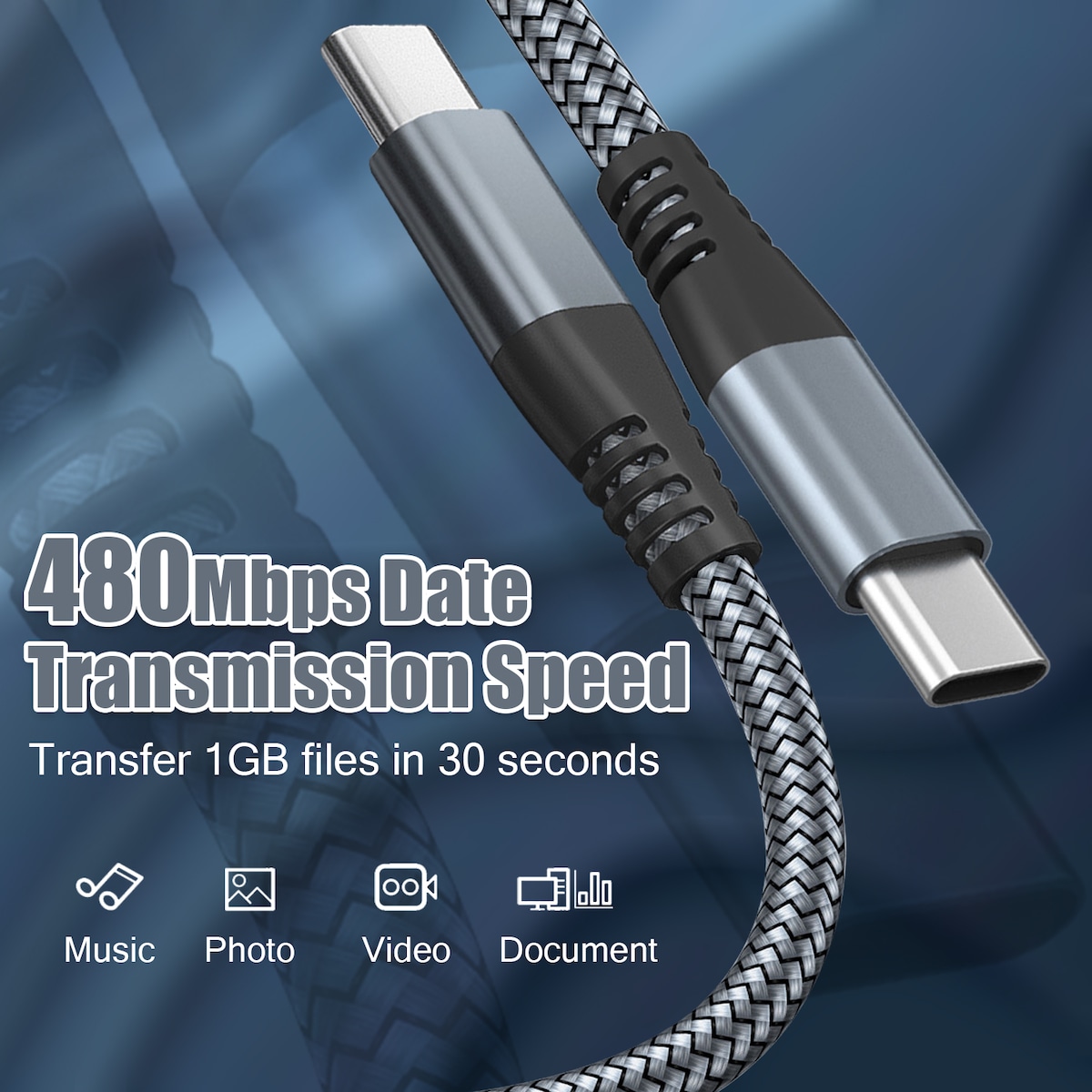 USB-C ladekabel 60 W hurtiglading Grå 1 m