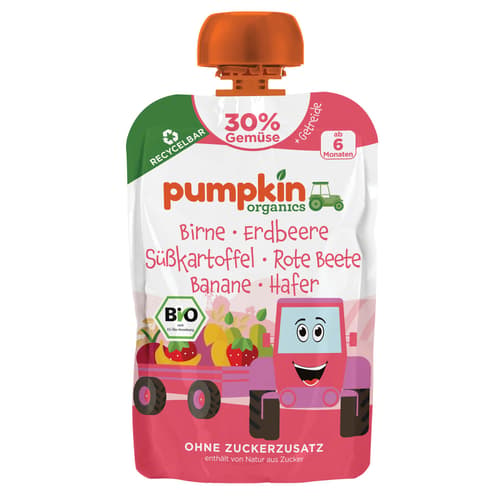 Pumpkin Organics - Bio Gemüse-Getreide-Quetschie Birne, Erdbeere, Süßkartoffel, Rote Beete, Hafer