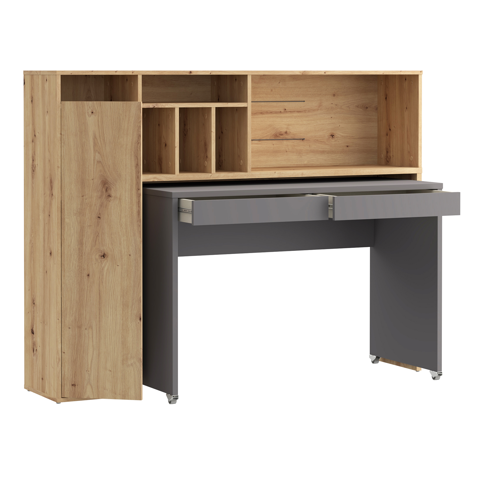 Schreibtischsystem - Artisan Eiche-Wolfram grau - mit Rollen - 154 cm