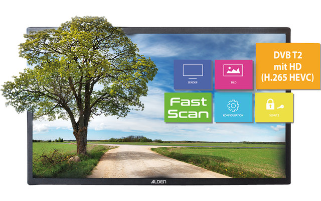Alden AS2 80 HD vollautomatische Sat-Anlage Single-LNB inkl. S.S.C. HD-Steuermodul und Ultrawide LED TV