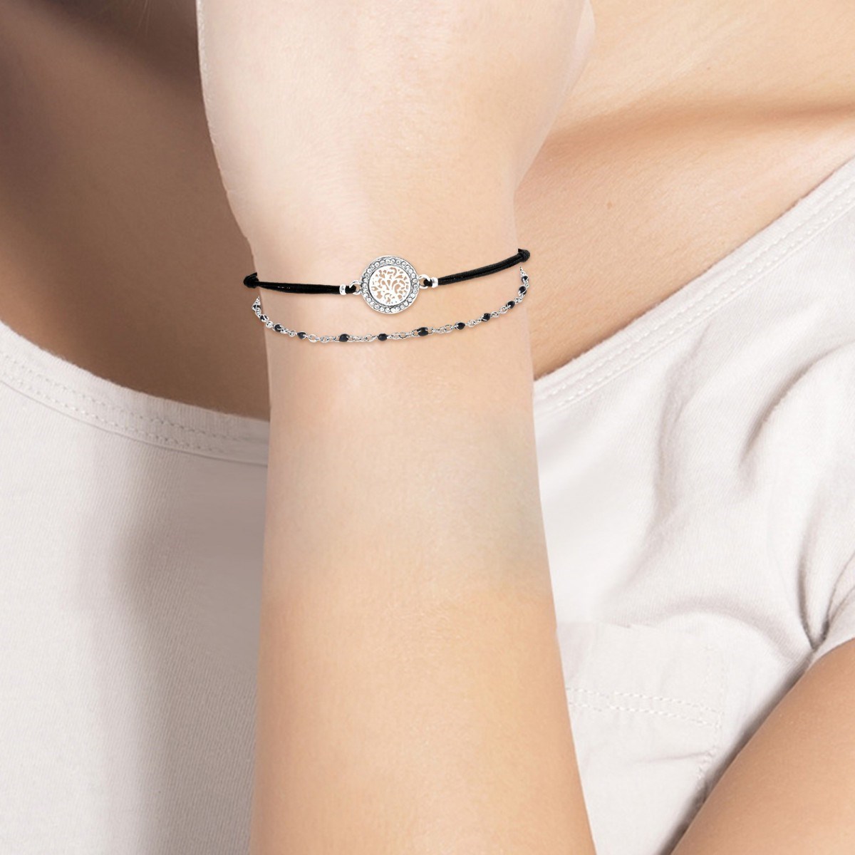 Lot de 2 bracelets SC Bohème en Laiton Rhodié argenté orné de cristaux scintillants