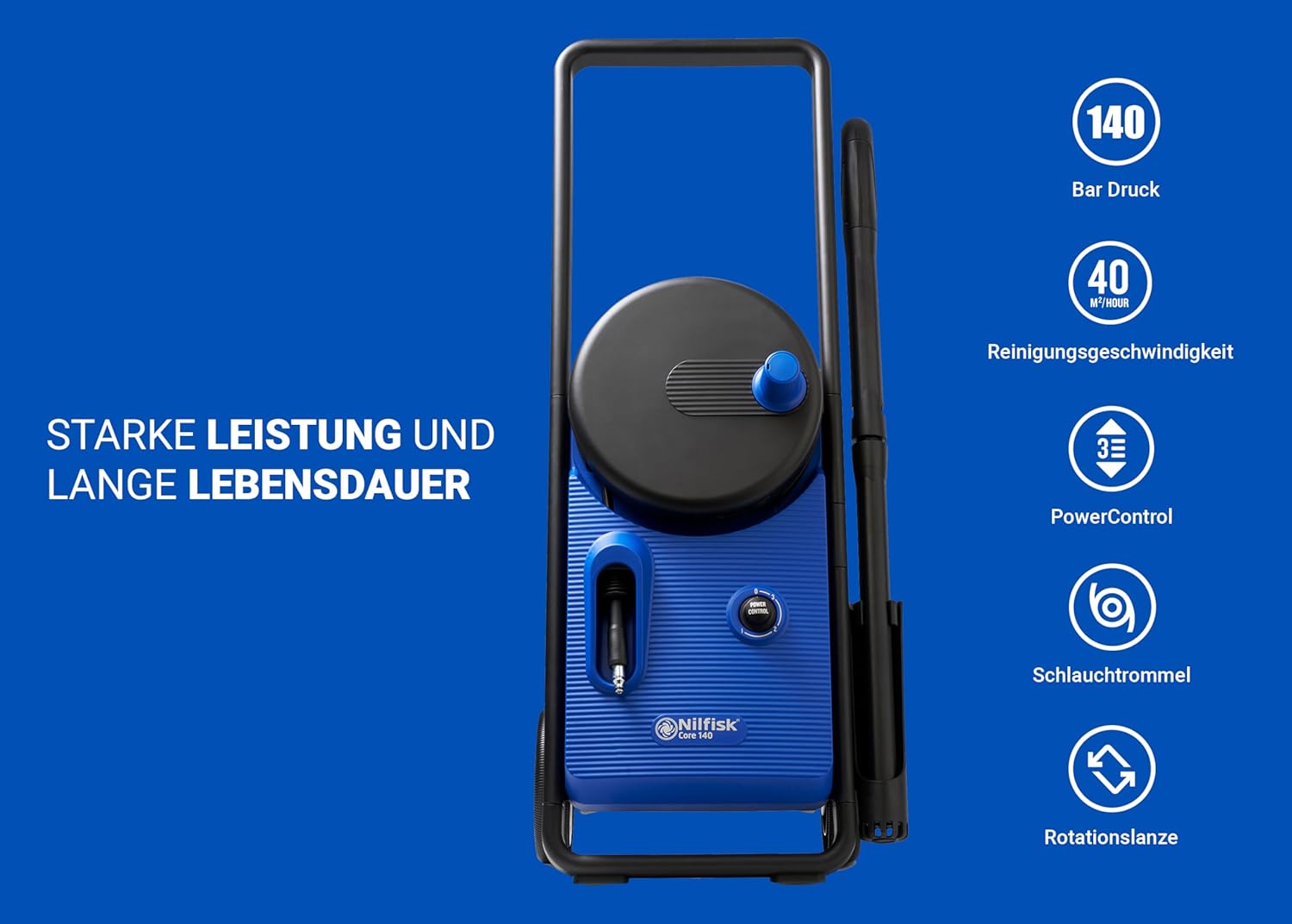 Nilfisk Hochdruckreiniger Core 140 Bar Druck mit PowerControl - Pressure Washer Für Terrassen, Werkstätten und Autos (1800 W)