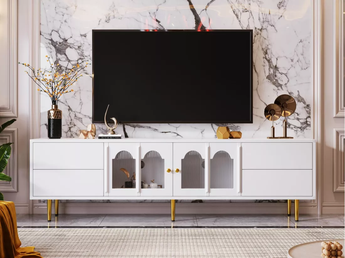 Meuble TV 170cm - 4 tiroirs et 2 portes - poignées et pieds dorés - Blanc