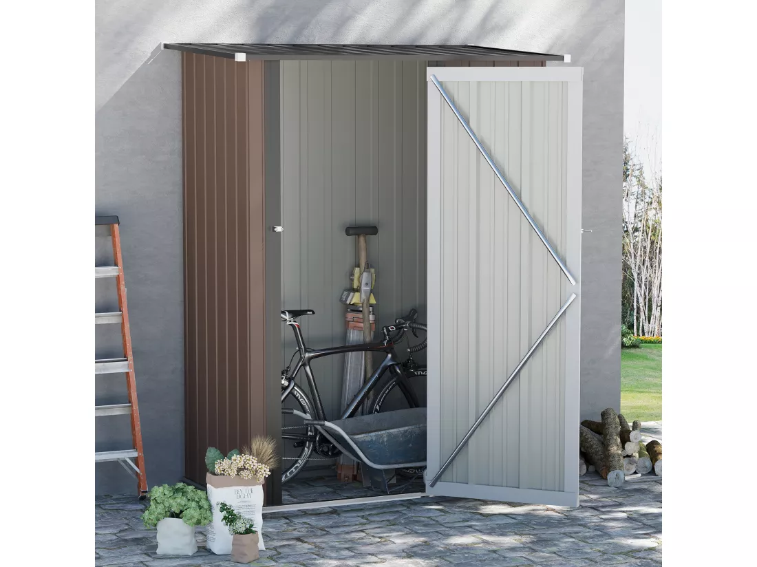 Abri de jardin - remise pour outils - cabanon porte verrouillable - dim. 142L x 84l x 189H cm - tôle d'acier marron blanc