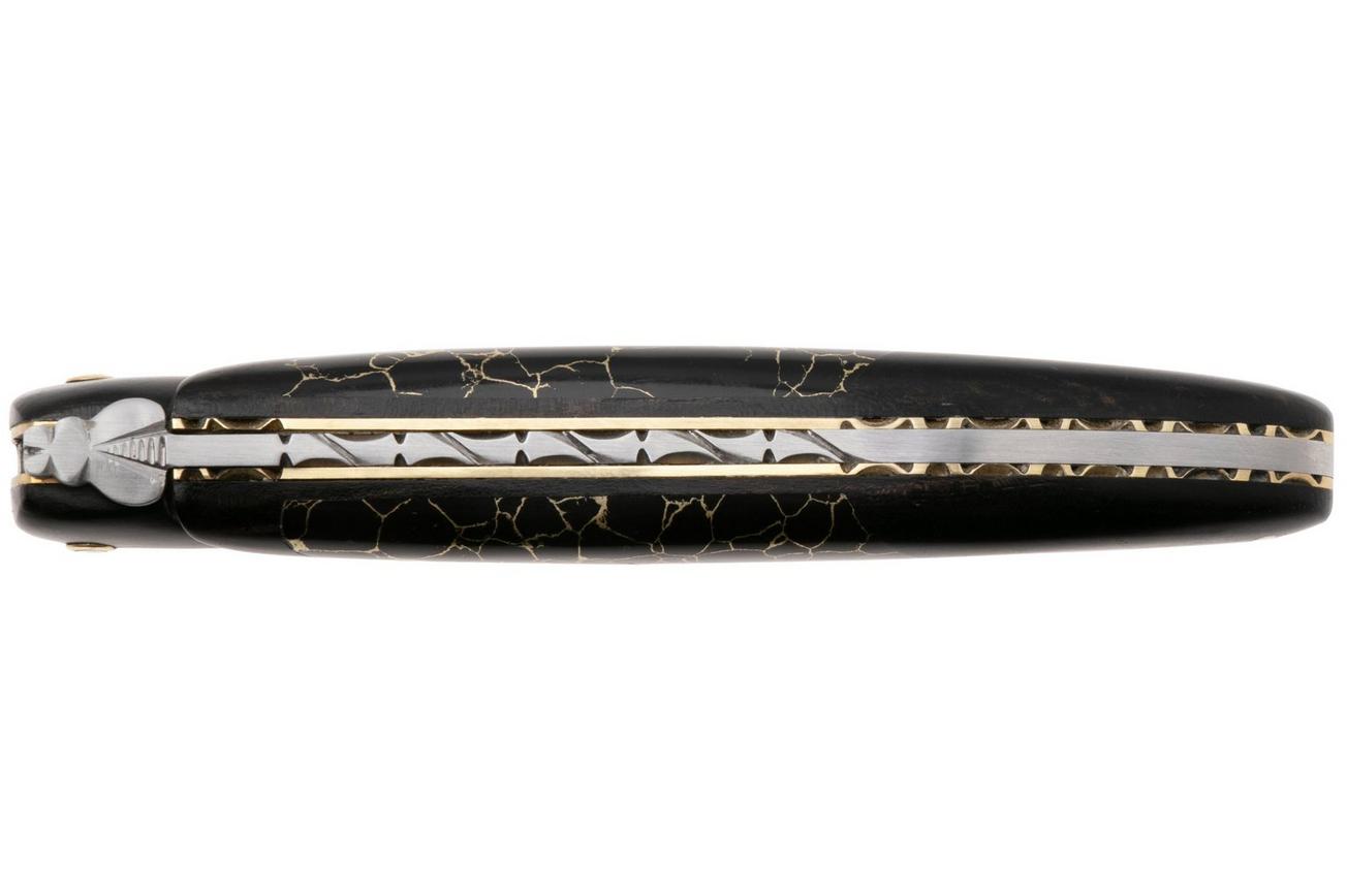 Laguiole en Aubrac Ebony, Onyx Gold Inlay, Handcarved Gold Brass Plates, Balbach Damascus, zakmes, 12 cm