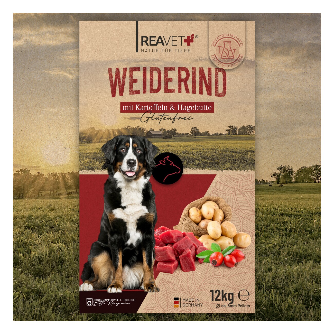 REAVET Trockenfutter Weiderind mit Kartoffeln & Hagebutte 12kg