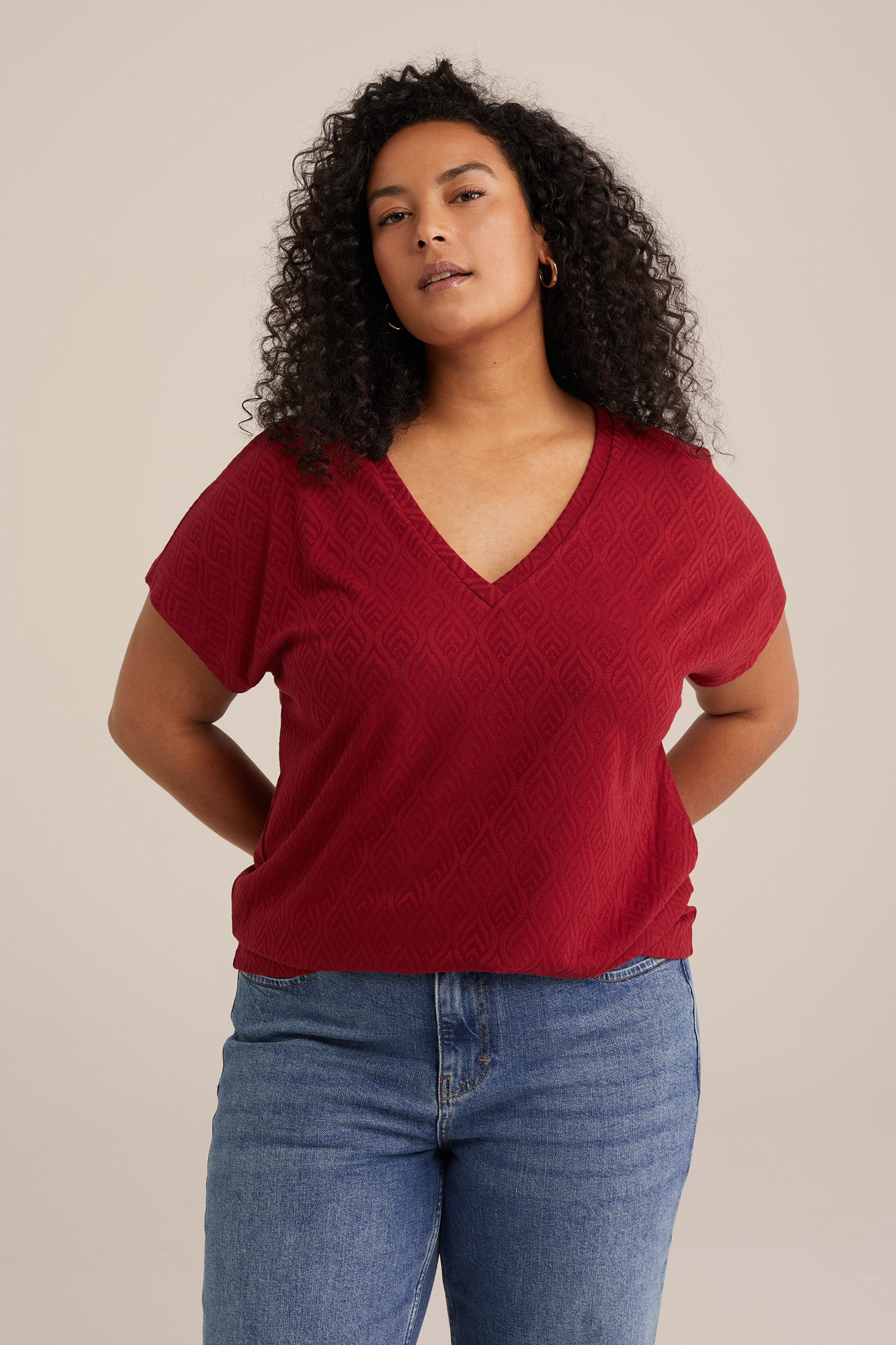 T-shirt met jacquard-dessin - Curve WE Fashion Bordeauxrood