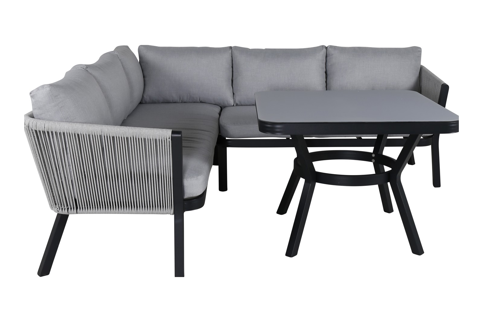 Virya utesofa Hagesofa med sortlakkert ramme, lysgrå tau og pute. Bord er inkludert.