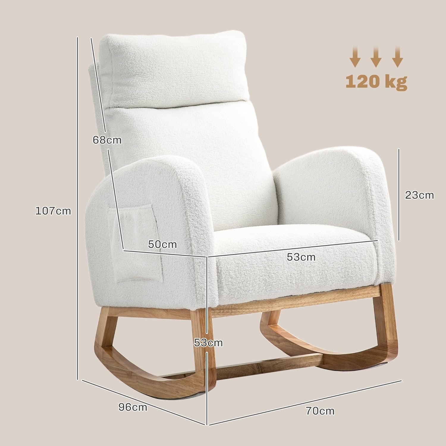 HOMCOM Schaukelstuhl, Schwingsessel, Armlehnsessel, Stillsessel mit Samtoptik, Schaukelsessel bis 120 kg belastbar, für Schlafzimmer, Wohnzimmer, Cremeweiß