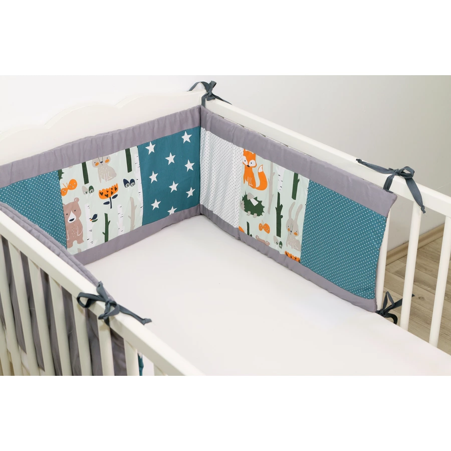 Ullenboom Patchwork-Nestchen für Babybett 140x70 cm Waldtiere Petrol (210 cm Kopfbereich)