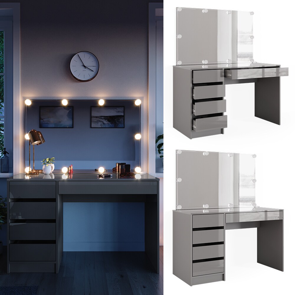 Vicco Schminktisch Frisiertisch Frisierkommode Sherry Grau Schminkspiegel LED 120x75 cm modern Schlafzimmer Kommode Schublade Ablage Aufbewahrung Kosmetiktisch Make-Up-Tisch Hochglanz
