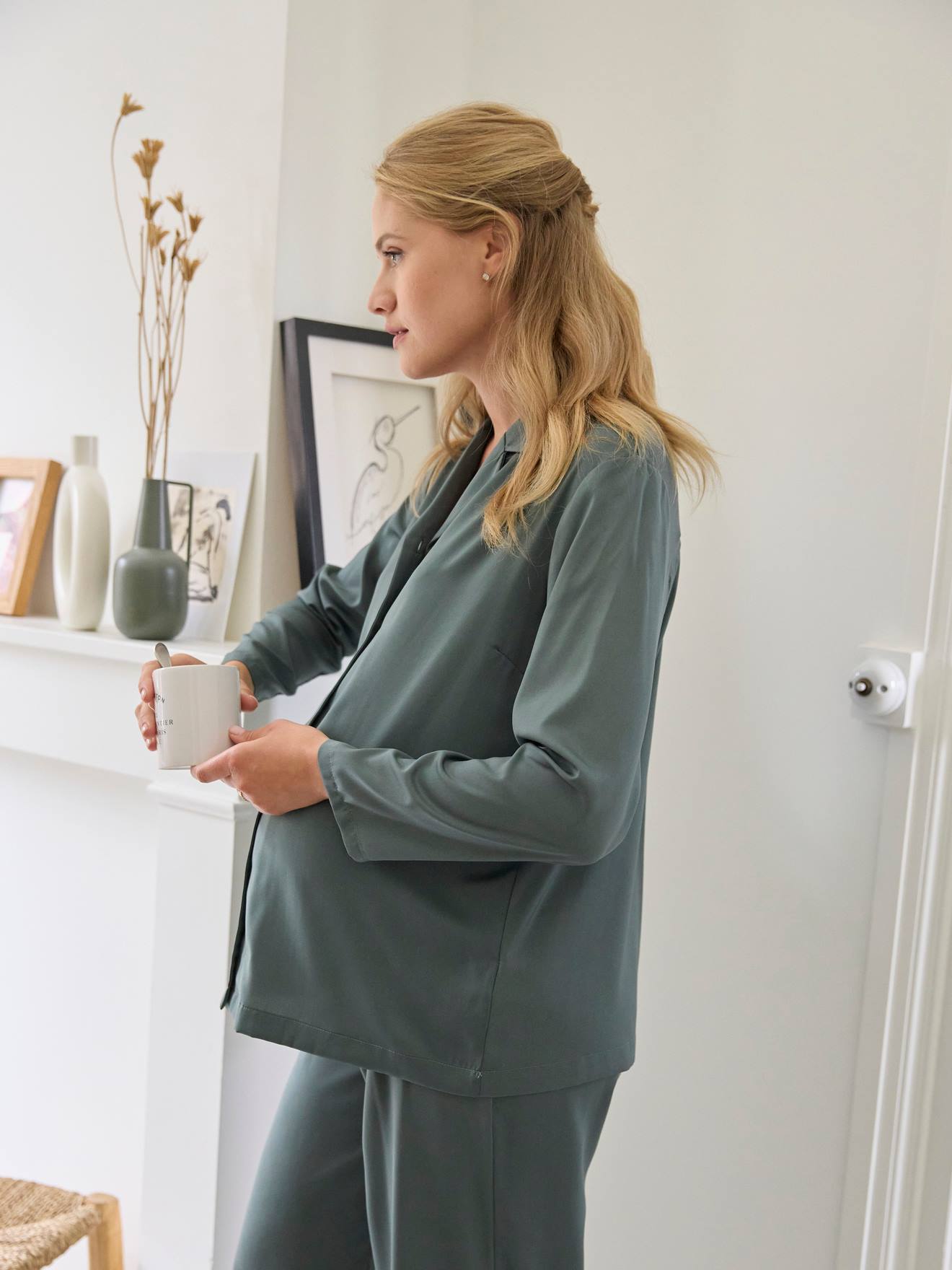 Conjunto para maternidade e amamentação: 2 pijamas de cetim, cinza ardósia, 2 peças cada