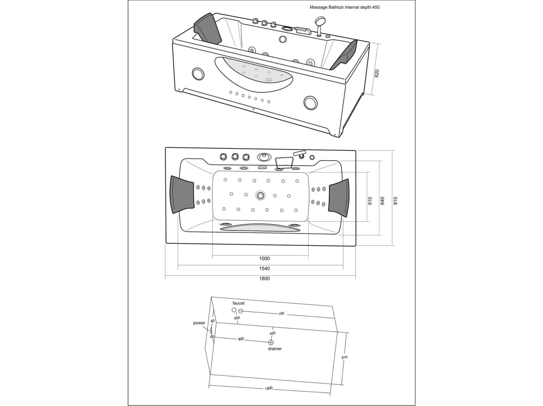 Baignoire hydromassage blanc Chromothérapie 180 X 90 cm 16 jets – Eden