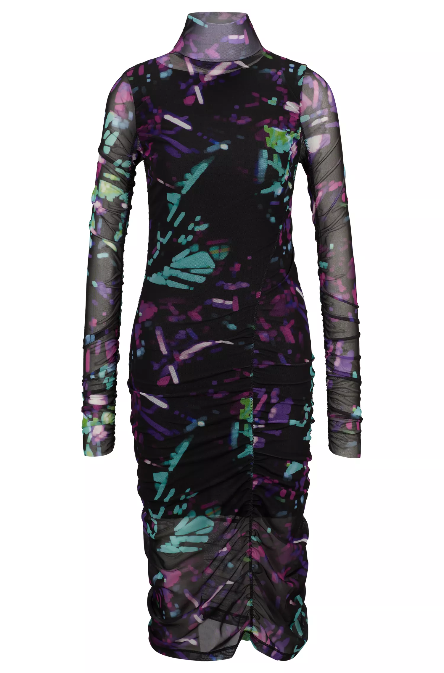 Vestido BOSS laranja com gola alta em tule estampado com detalhes franzidos.