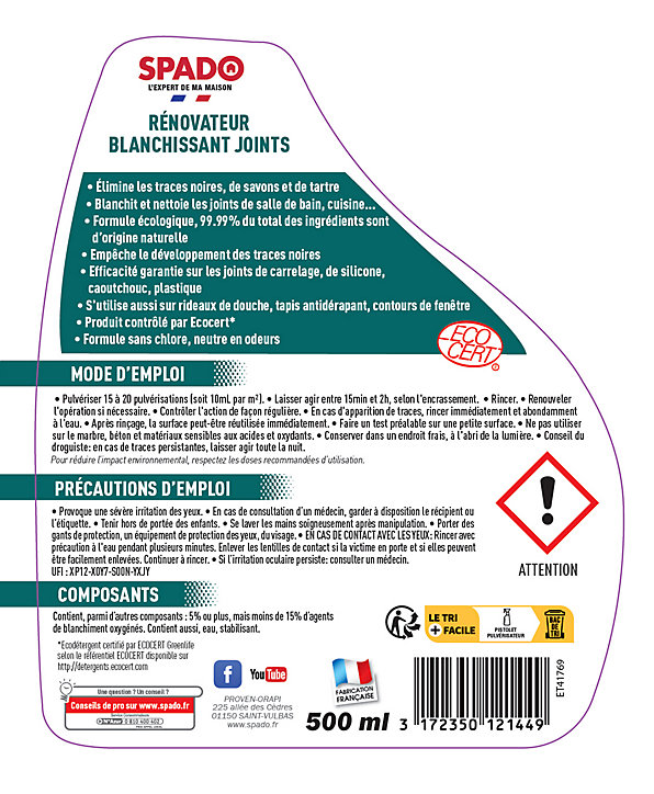 Rénovateur blanchissant joints Ecocert Spado 500ml