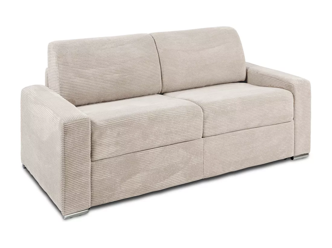 Canapé 3 places convertible express en velours côtelé beige - Couchage lattes larges 140 cm - Matelas 18 cm CALITO