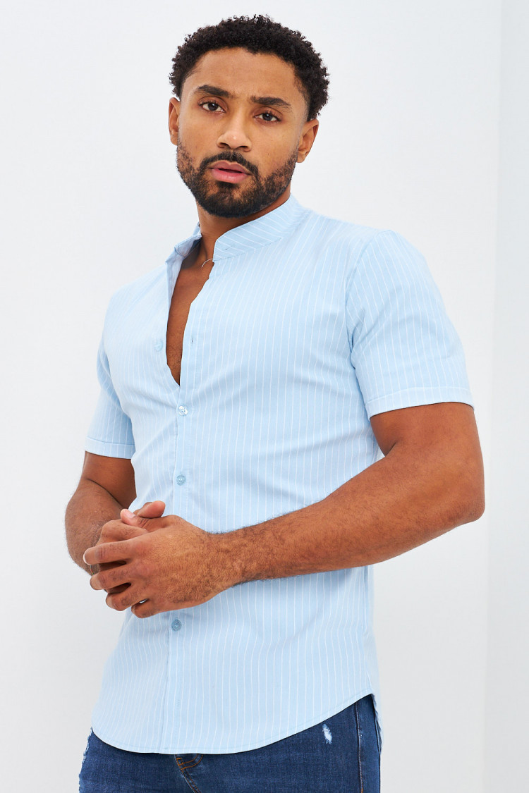 Chemise rayée bleu clair col officier