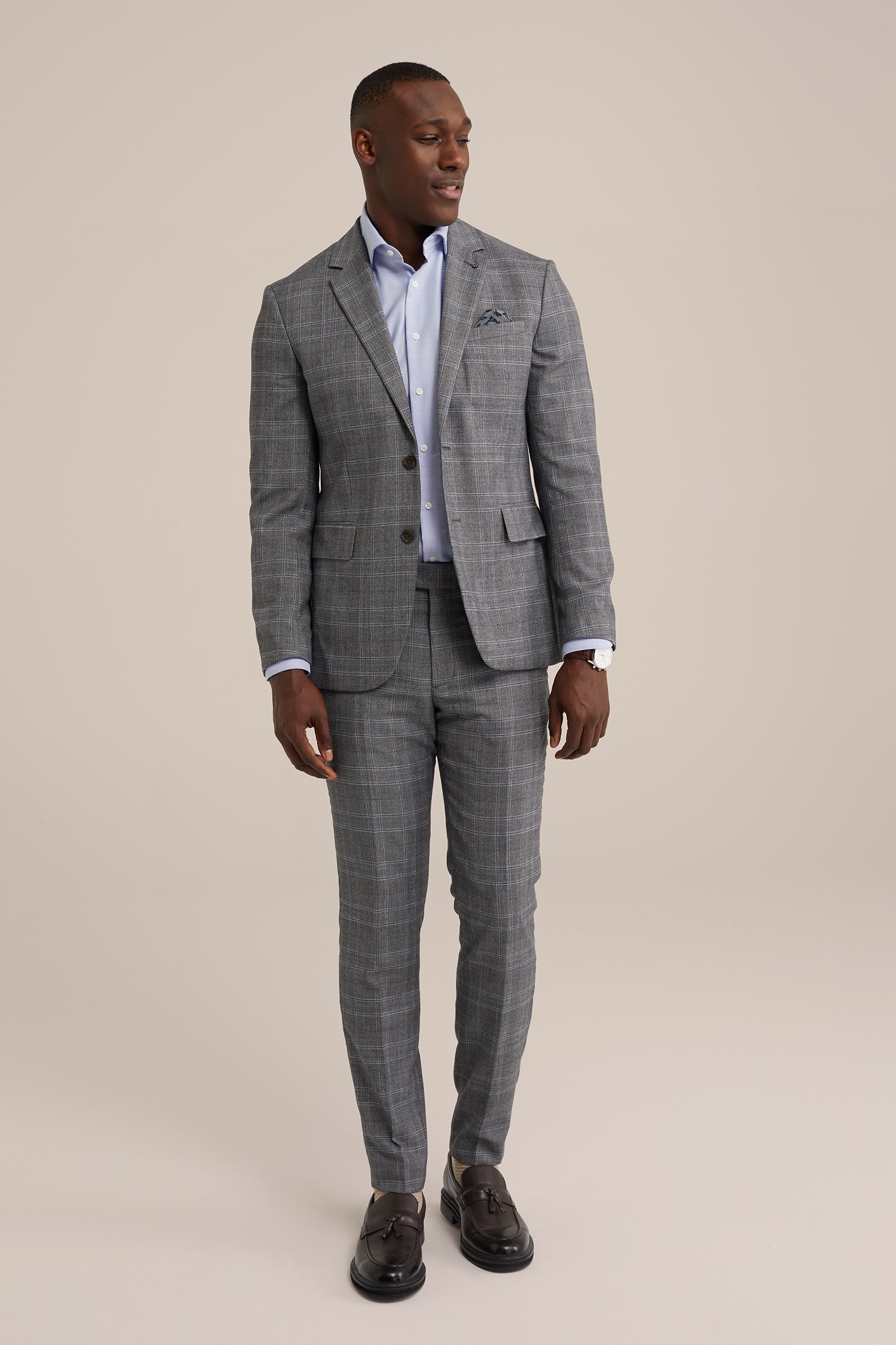slim fit geruite flanel pantalon WE Fashion Lichtgrijs
