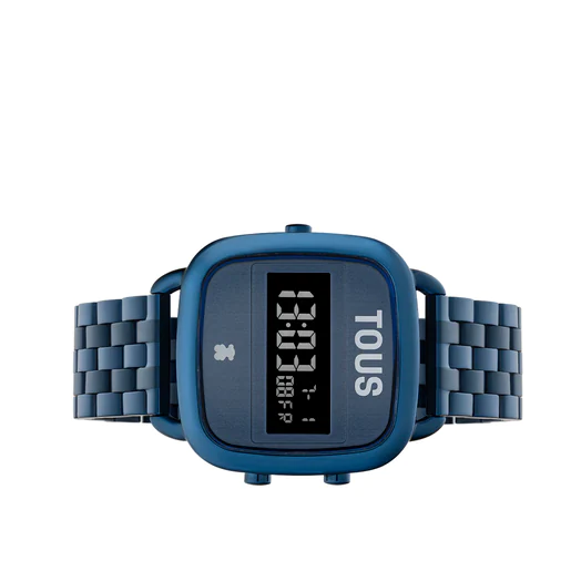 Relógio digital com pulseira em aço IP azul e logotipo D.