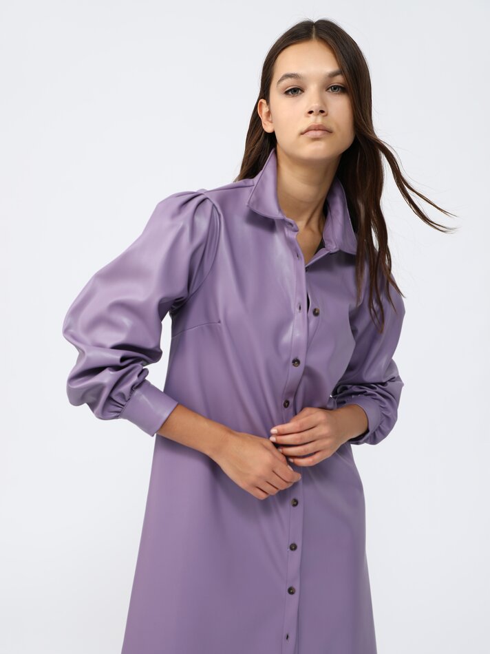Vestido midi estilo camisa com efeito de couro sintético - Lilás