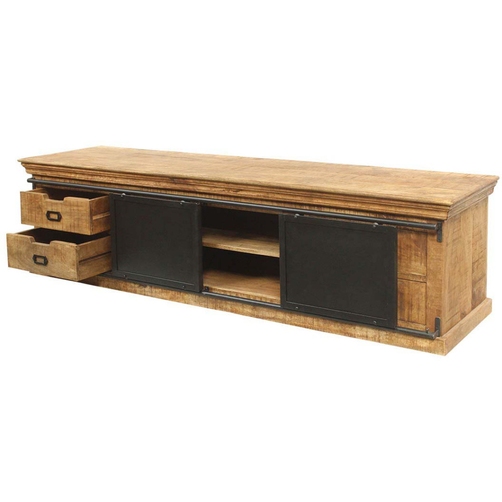 Meuble tv en bois de manguier portes coulissantes en fer