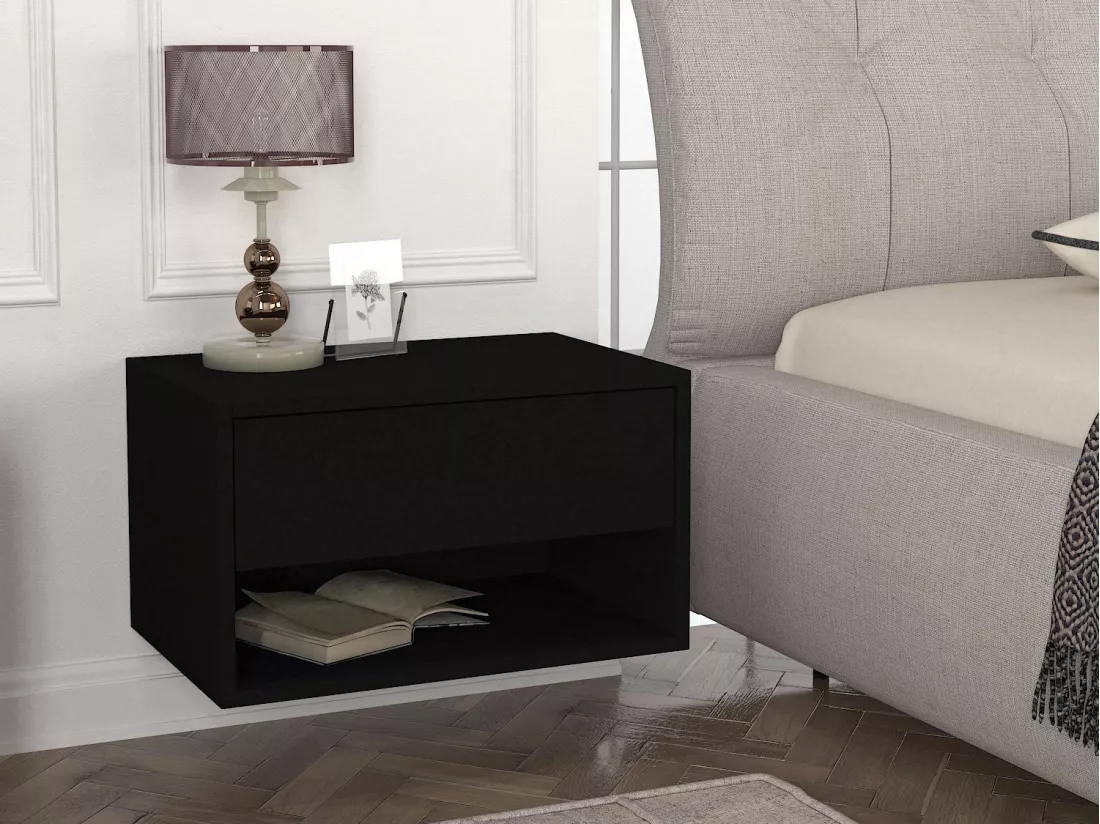 Lot de 2 tables de chevet suspendues - 1 tiroir et 1 niche - Noir - RITAMI