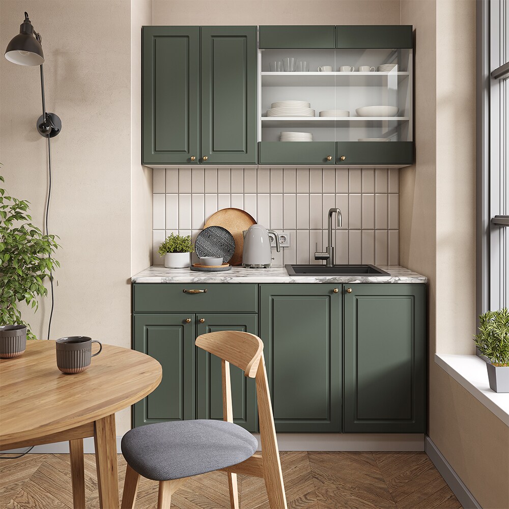 Vicco Küchenzeile Küchenblock Einbauküche Fame-Line Single Landhaus Weiß Grün Gold 140 cm modern Küchen Schränke Spülenunterschrank Schubunterschrank Hängeschrank Hängeglasschrank