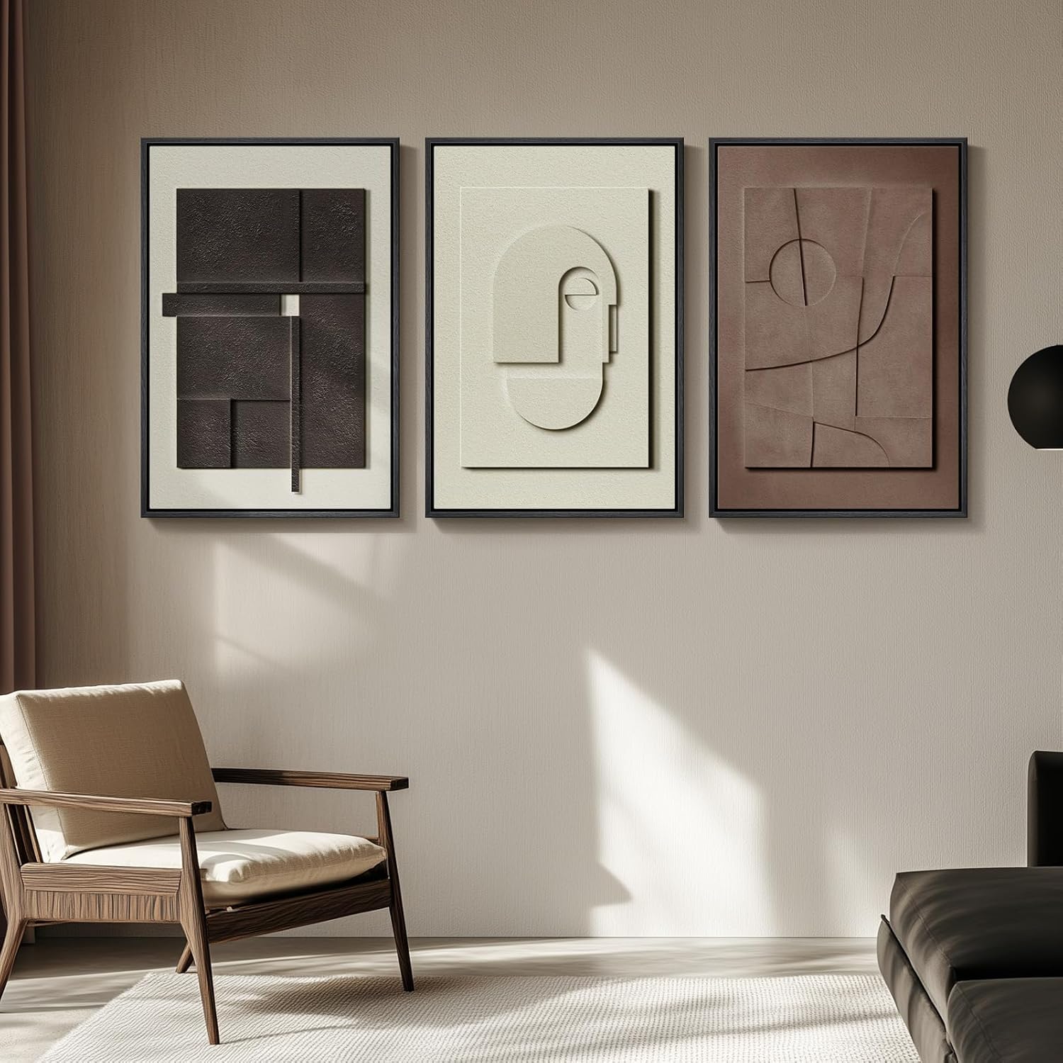 Large 3D Textured Framed Abstract Wall Art for Living Room, 3 Piece Modern Paintings Artwork for Walls, Black White Brown Geometric Sandstone Texture Pictures for Hallway Office Wall Decor 24x36 In