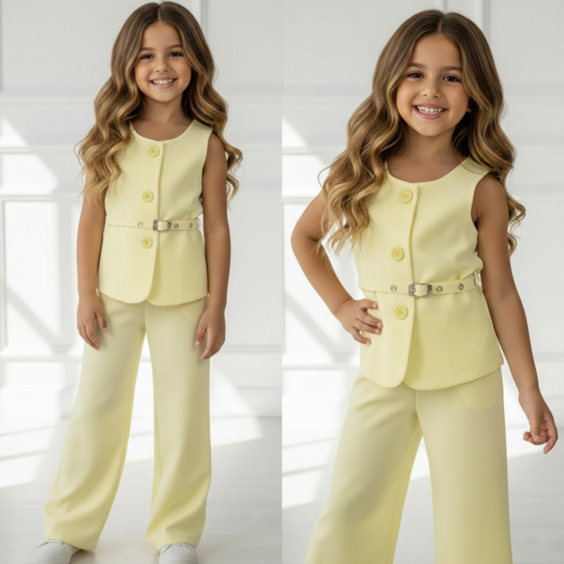 Mini Chic Button Suit Set - geel (Verzenddatum 27 feb)