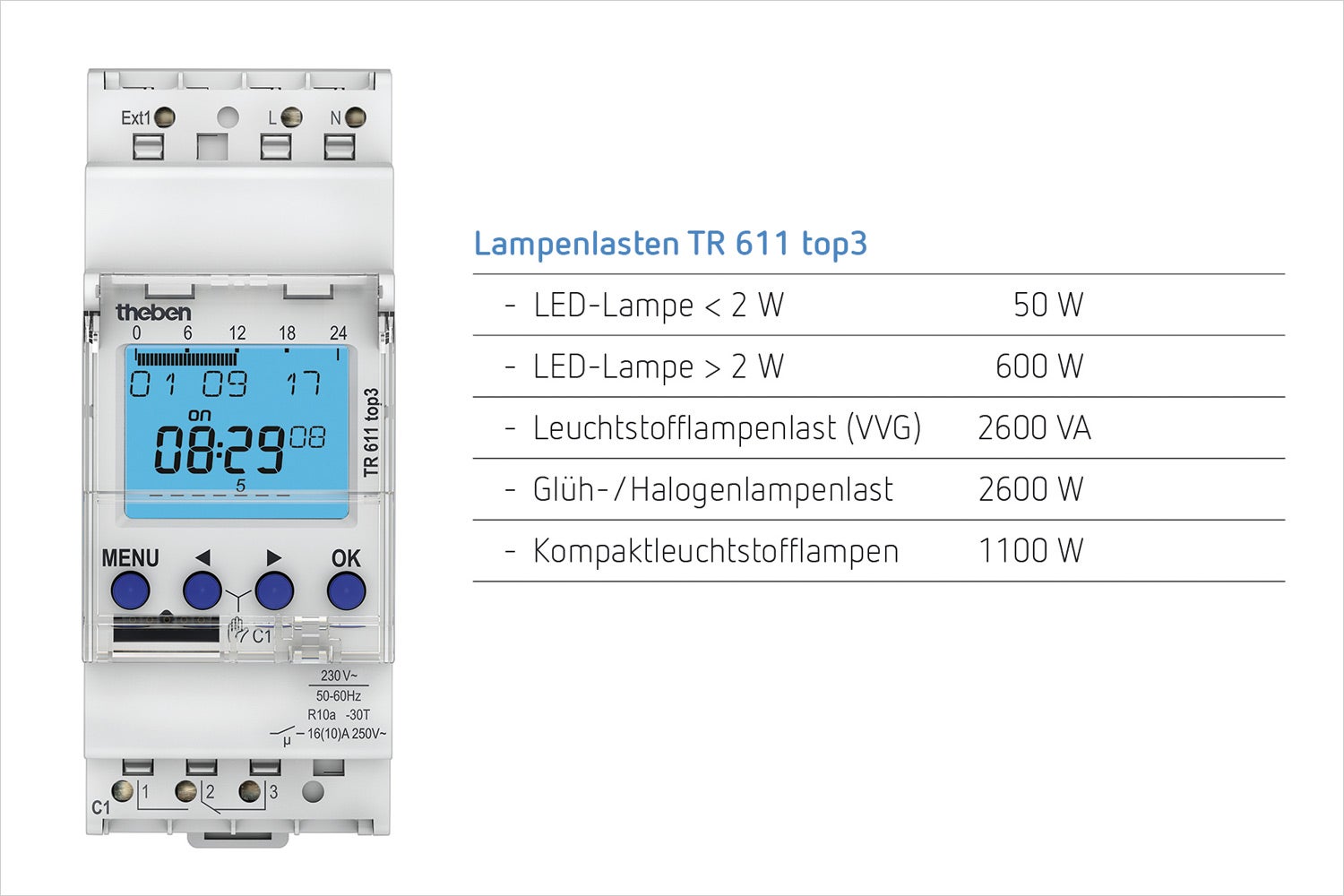 Theben 6110130 TR 611 top3 - Digitale 1-kanaals tijdschakelklok met externe ingang en app-programmering, perfect voor LED's, tijdschakelaars