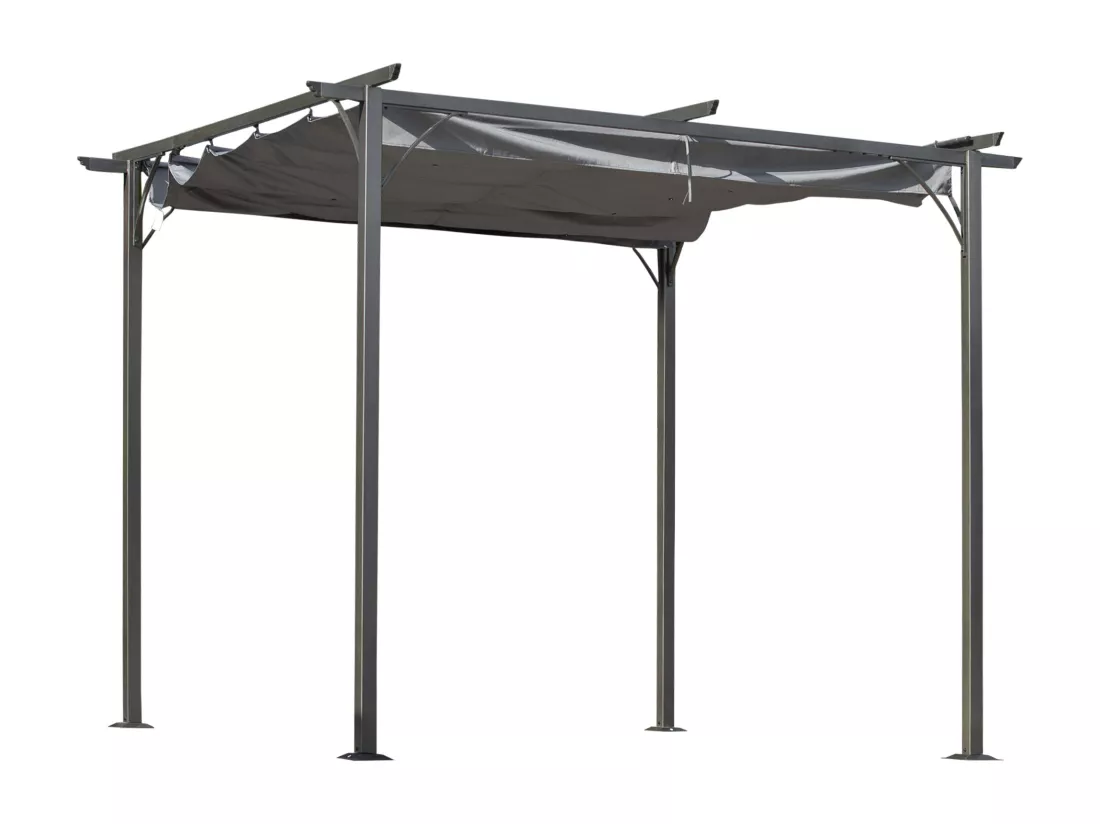 Pergola rétractable 3L x 3l x 2,30H m structure métal époxy anticorrosion noire + toile polyester haute densité 180 g/m² incluse gris