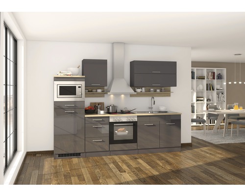 Held Furniture keukenblok zonder apparatuur Milan 270 cm grijs hoogglans gedemonteerd omkeerbaar model 567.1.6211