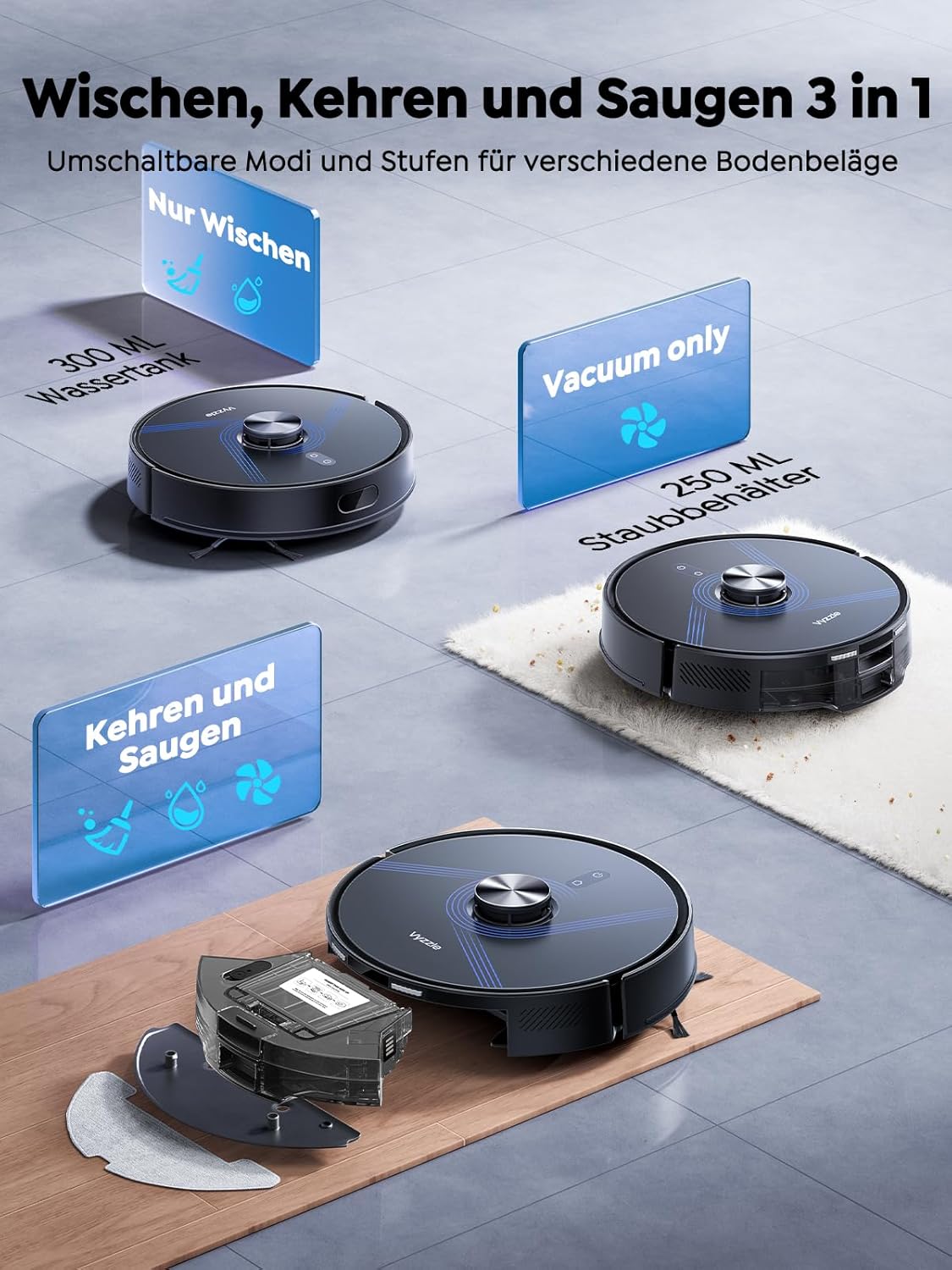 Vyzzle Saugroboter mit Wischfunktion 5500 Pa, Saugroboter mit Absaugstation 3.5L, Staubsauger Roboter für Tierhaare Teppich Böden, APP Steuerung, Alexa & Google Assistant Sprachsteuerung (Schwarz)
