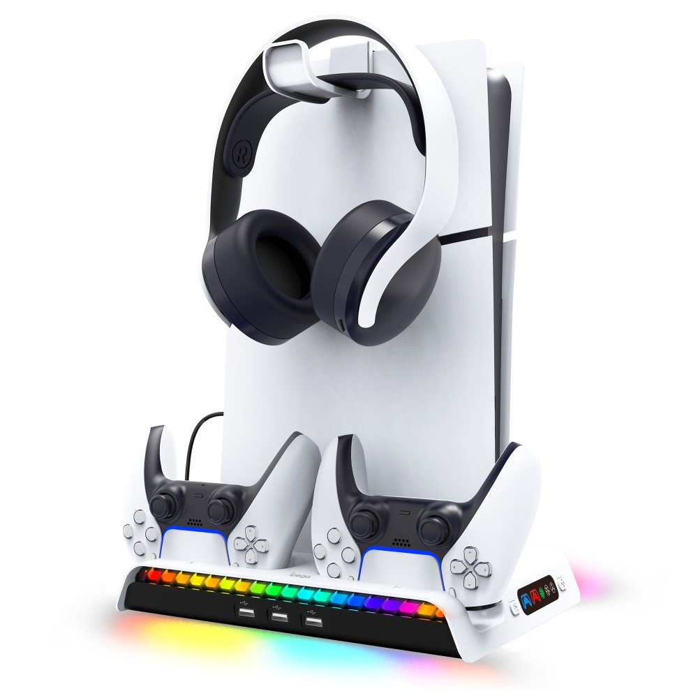 Sony PlayStation PS5 Halterung mit Lüfter und Controller Dual Ladestation   3x USB A / 1x USB C   Headset Halterung und RGB LEDs - Weiss