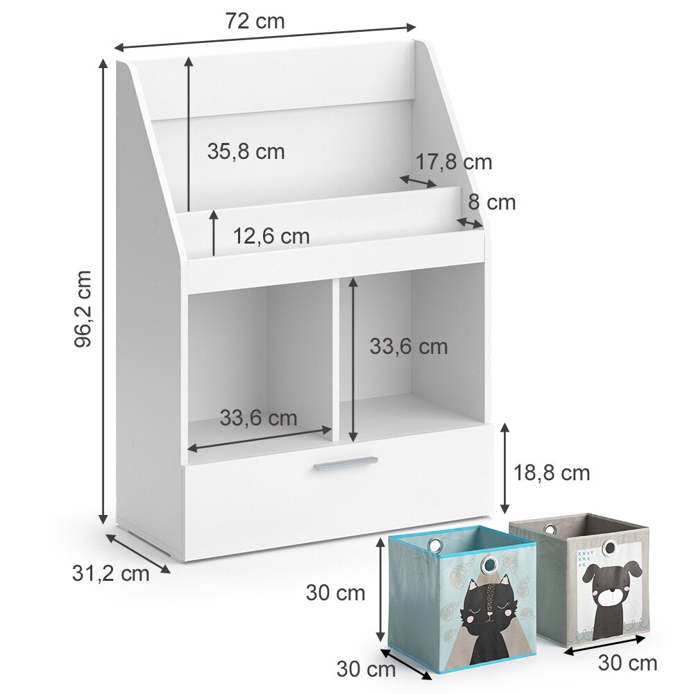 Vicco Kinderregal Bücherregal Wandregal Luigi Weiß 72x96 cm modern Kinderzimmer Regal Spielzeugregal Dekoregal Standregal Aufbewahrungsregal Würfelregal Schublade Ablage Fach freistehend Faltbox