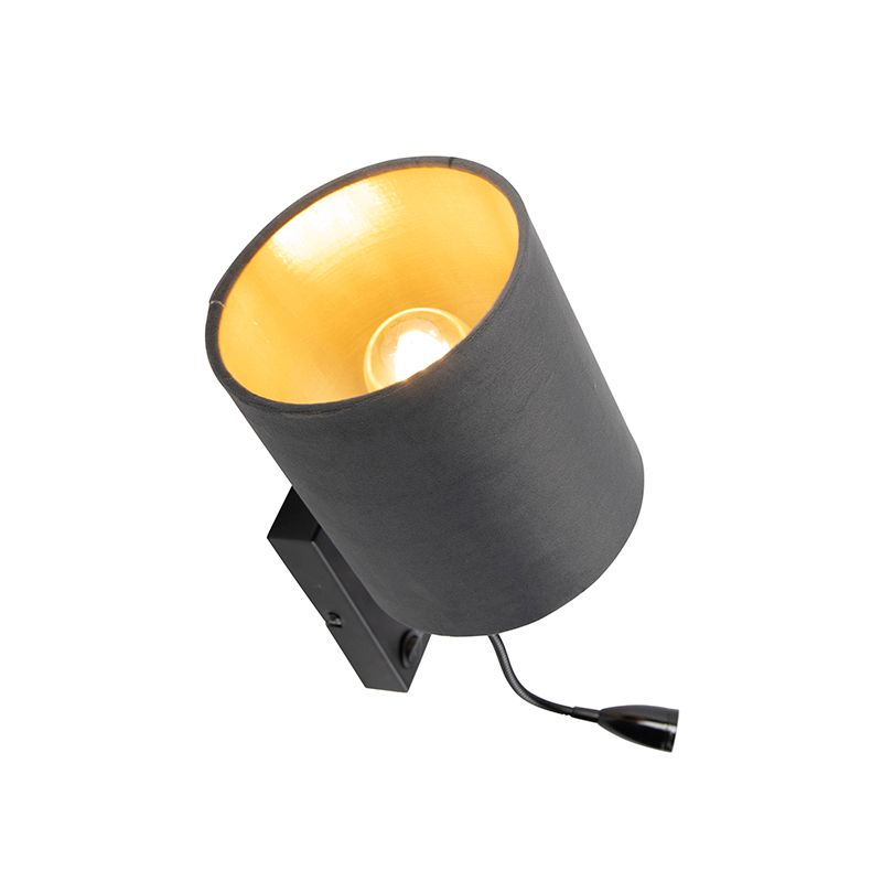 Art Deco wandlamp zwart met velours donkergrijze kap - Stacca
