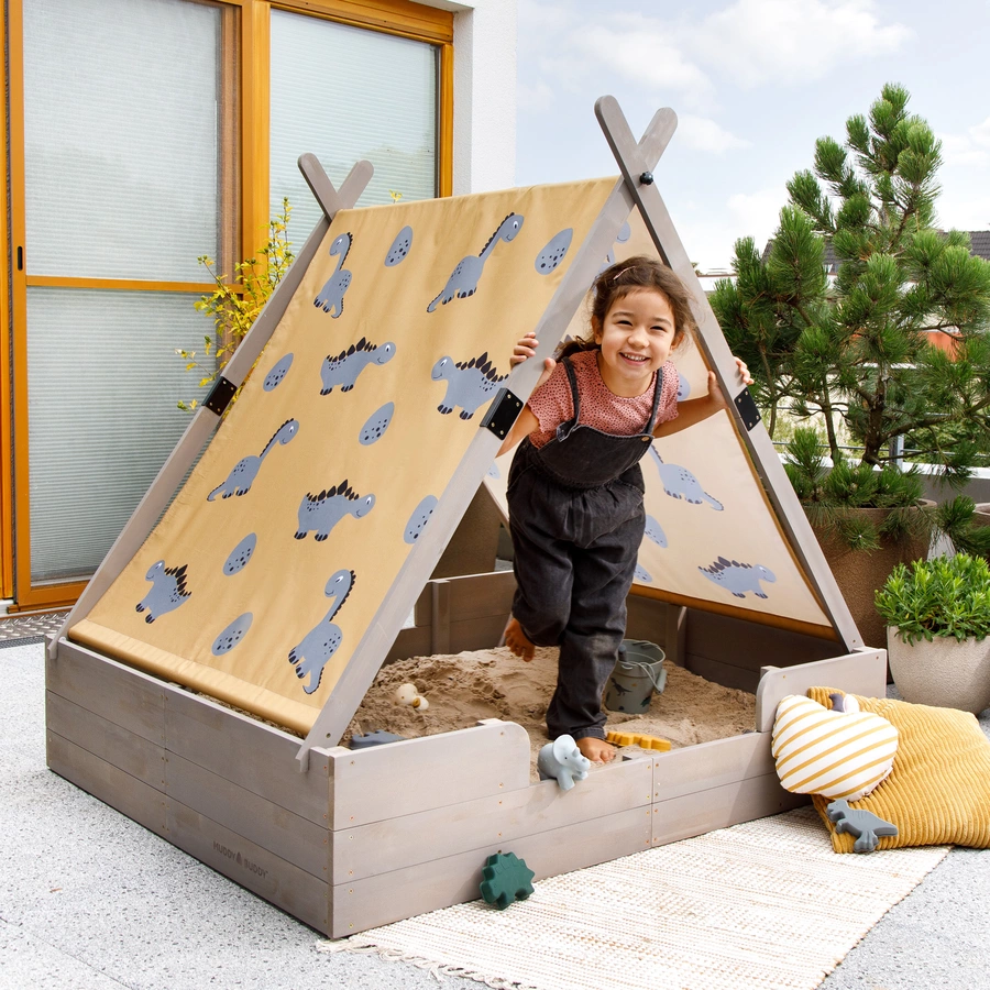 MUDDY BUDDY® Sandkasten mit Zelt Dino Lover, warmgrau