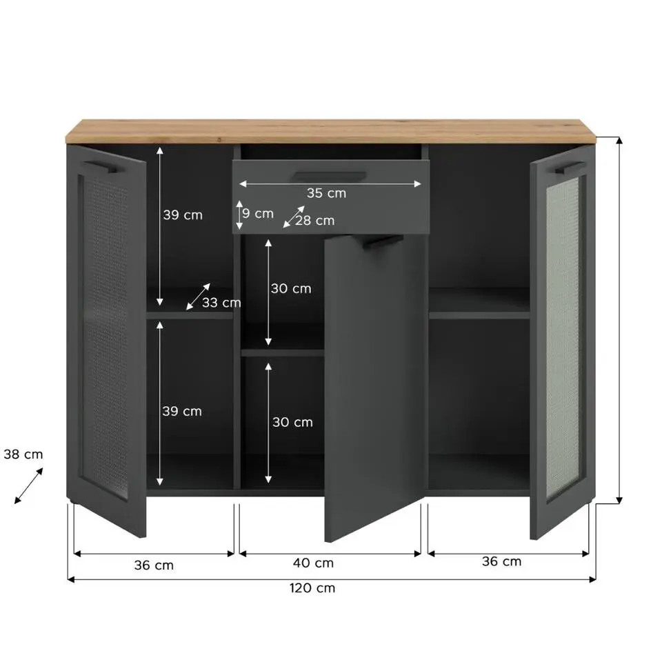 Hioshop Niklas dressoir 3 deuren- 1 lade grijs