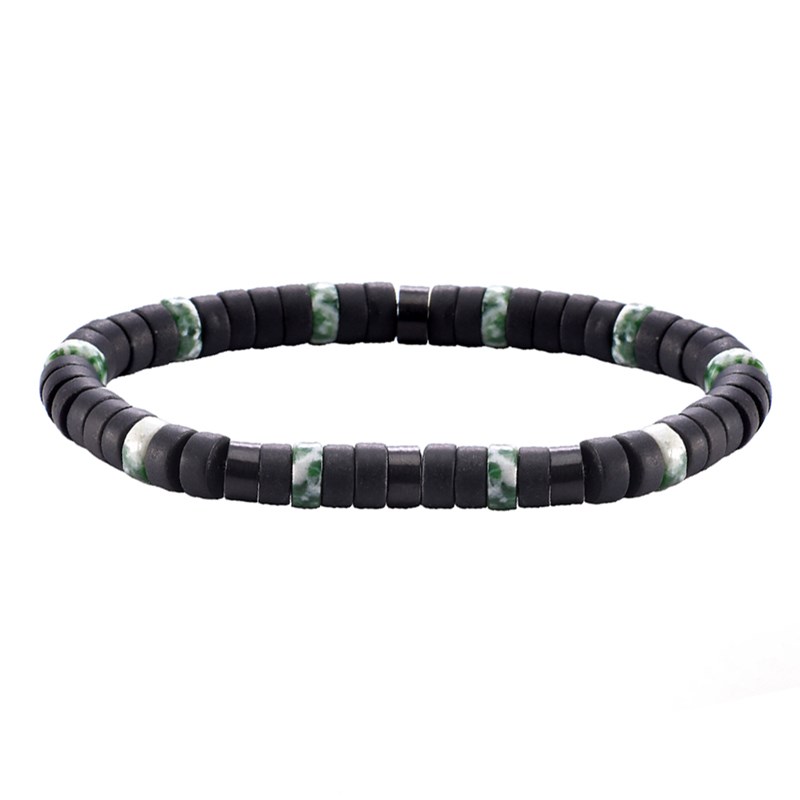 Bracelet Perles Heishi Agate Noire Mate Jaspe Vert Tacheté-Small-16cm