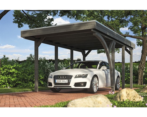 SKAN HOLZ Friesland enkele carport set 5 inclusief aluminium dakpanelen, 1 inrijboog, H-paalankers 314 x 555 cm grijs