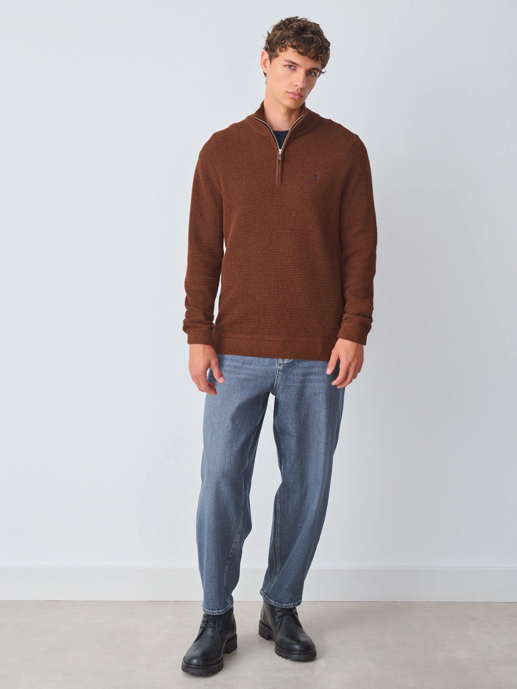 Lichtbruin - Hertlogo - Regular Fit 100% Cotton Textured Premium Quarter Zip Jumper