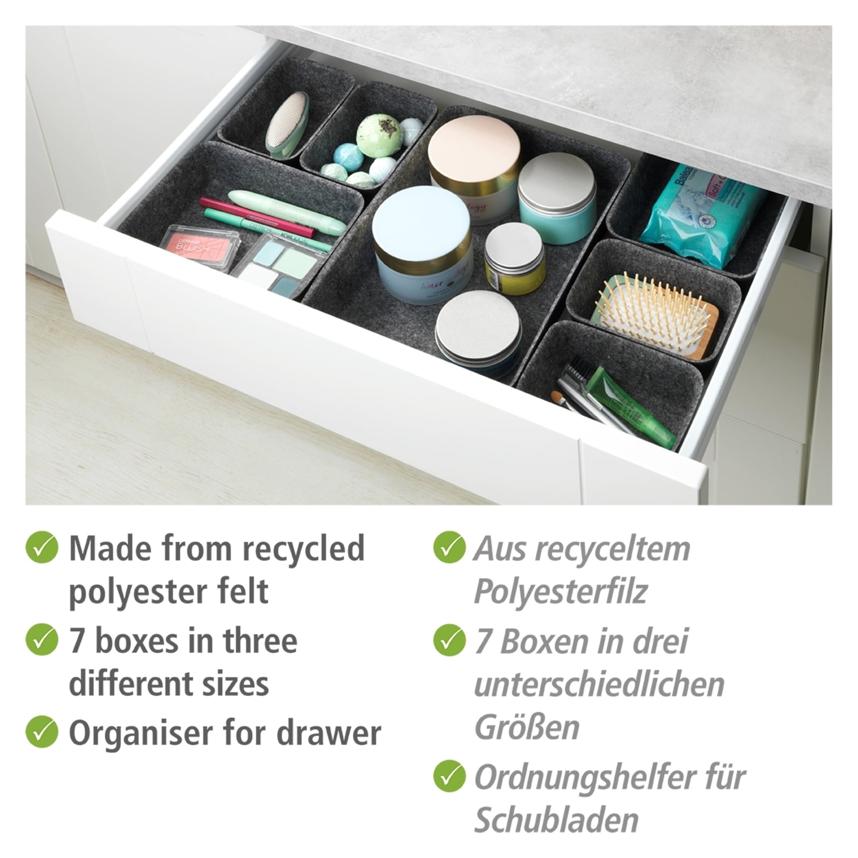 WENKO Organizer Aufbewahrungsboxen für Schubladen, 3 Grössen, recycelter Polyesterfilz