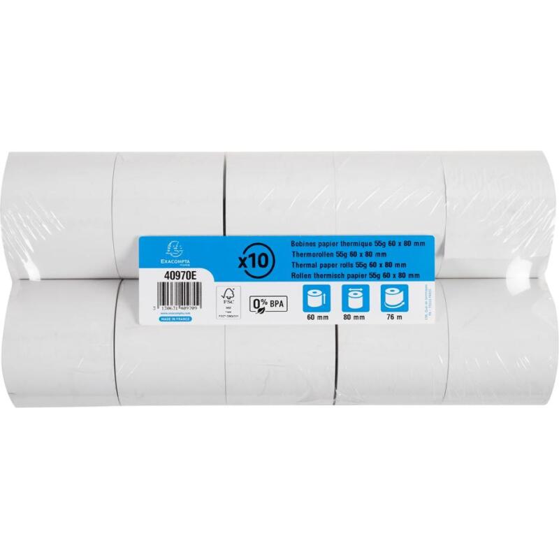 Bobines Caisses Exacompta 40970E - l 60 mm x L 76 m, Ø 80 mm - 1 pli(s) - paquet de 10
