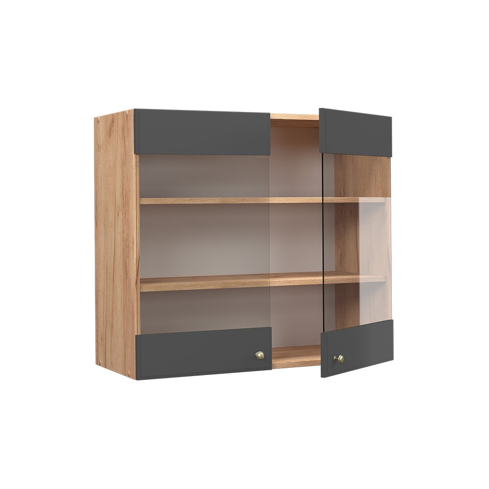 Vicco Hängeglasschrank Küchenschrank Küchenmöbel Fame-Line Eiche Anthrazit-Gold Landhaus 80 cm Küche Einbauküche Hängeschrank Glasschrank Drehtür Einlegeboden Küchenzeile
