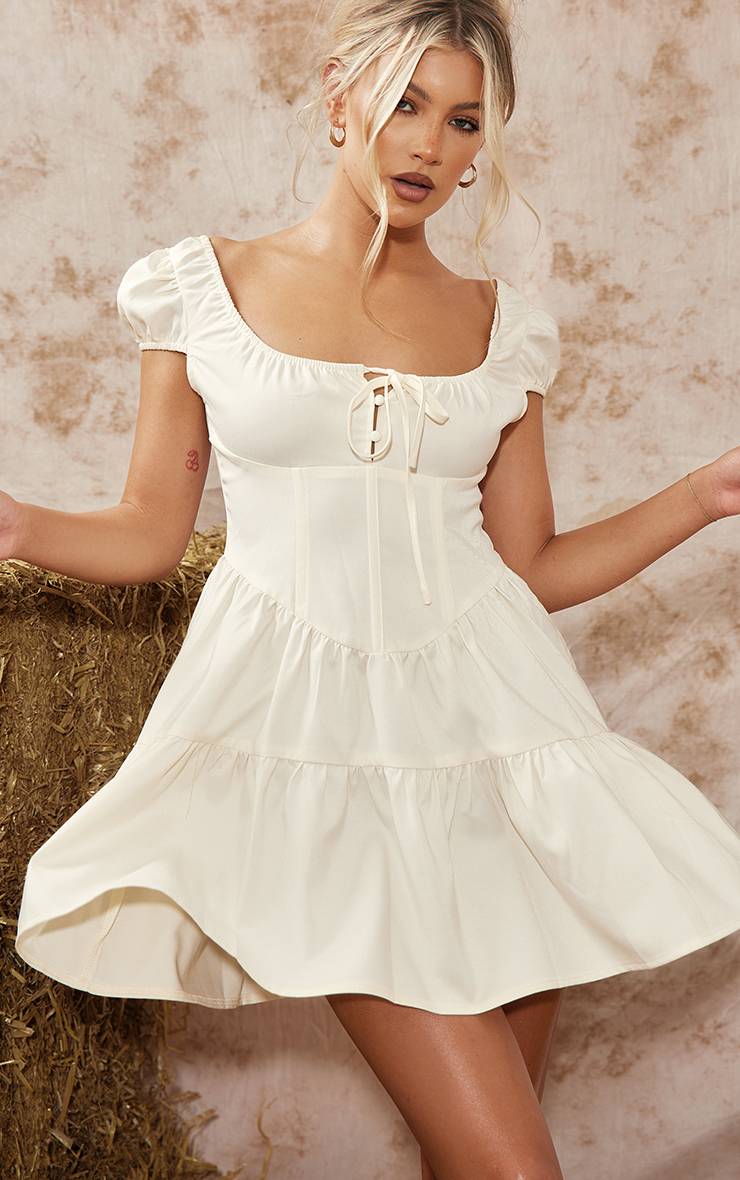 Crème Robe Droite À Détail Corset Avec Lien