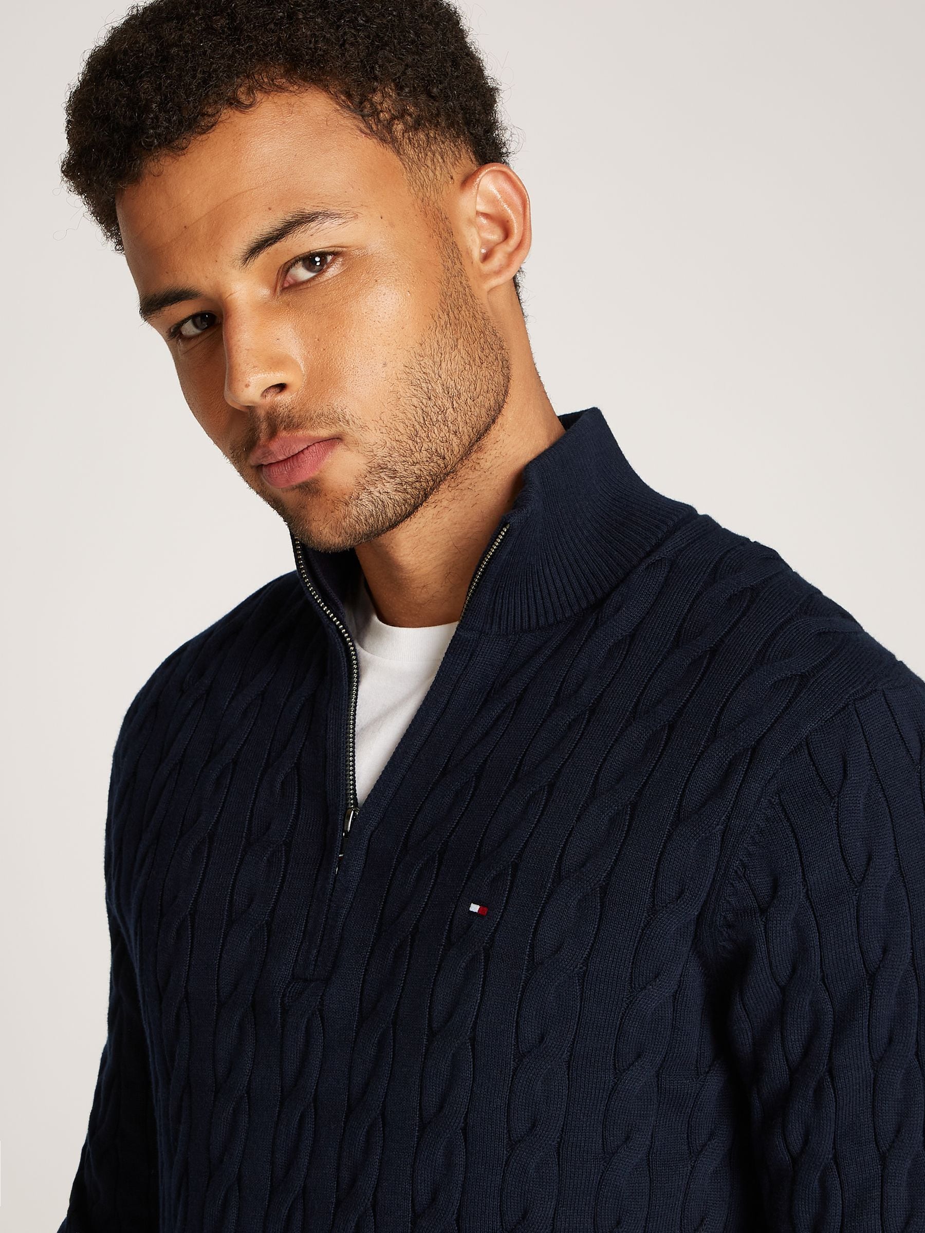Blauw - Tommy Hilfiger - Gebreide kabeltrui met halve rits