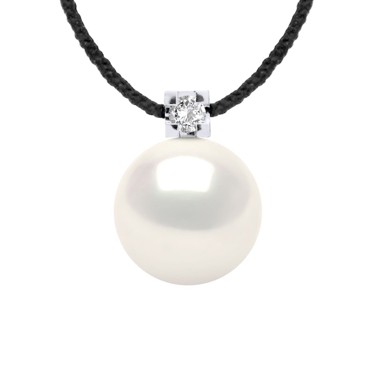 Collier Diamant Naturel 0,030 Cts et Perle d'Eau Douce Ronde 8-9 mm Lien Nylon Noir  Argent 925