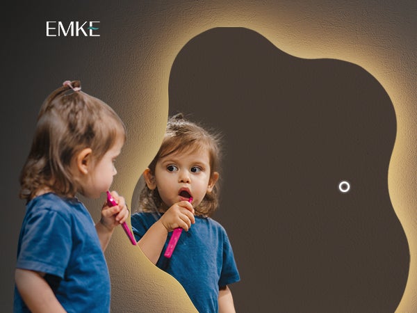 EMKE LED-badkamerspiegel, frameloze spiegel met verlichting, asymmetrische LED-badkamerspiegel met anti-condens, 50 x 45 cm, koel wit/neutraal/warm wit licht