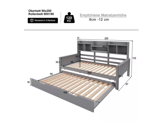 Canapé-lit gigogne 90x200 cm - Lit gigogne 90x190 cm - avec rangement - sommier à lattes - pin multi - gris (matelas non inclus)
